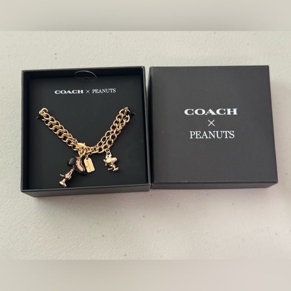 NWT COACH x PEANUTS Snoopy and Woodstock Charm Bracelet CCA50 Gold/Black - Picture 1 of 9